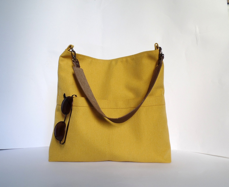 Mustard yellow hobo bag, Linen and cotton hobo purse, Everyday casual simple shoulder bag, Pocket bag, Mustard hobo tote, Real leather strap image 2