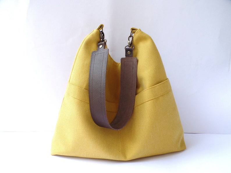 Mustard yellow hobo bag, Linen and cotton hobo purse, Everyday casual simple shoulder bag, Pocket bag, Mustard hobo tote, Real leather strap image 3