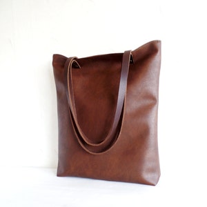 Leather tote bag, Large everyday casual tote bag, Chocolate brown vegan leather tote shoulder bag with real leather handles image 3