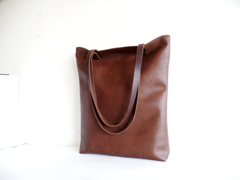 Leather tote bag, Large everyday casual tote bag, Chocolate brown vegan leather tote shoulder bag with real leather handles image 3