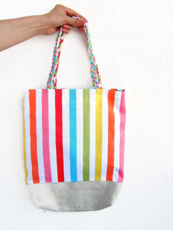 Items similar to Striped, colorblock tote bag, large, neon, geometric ...