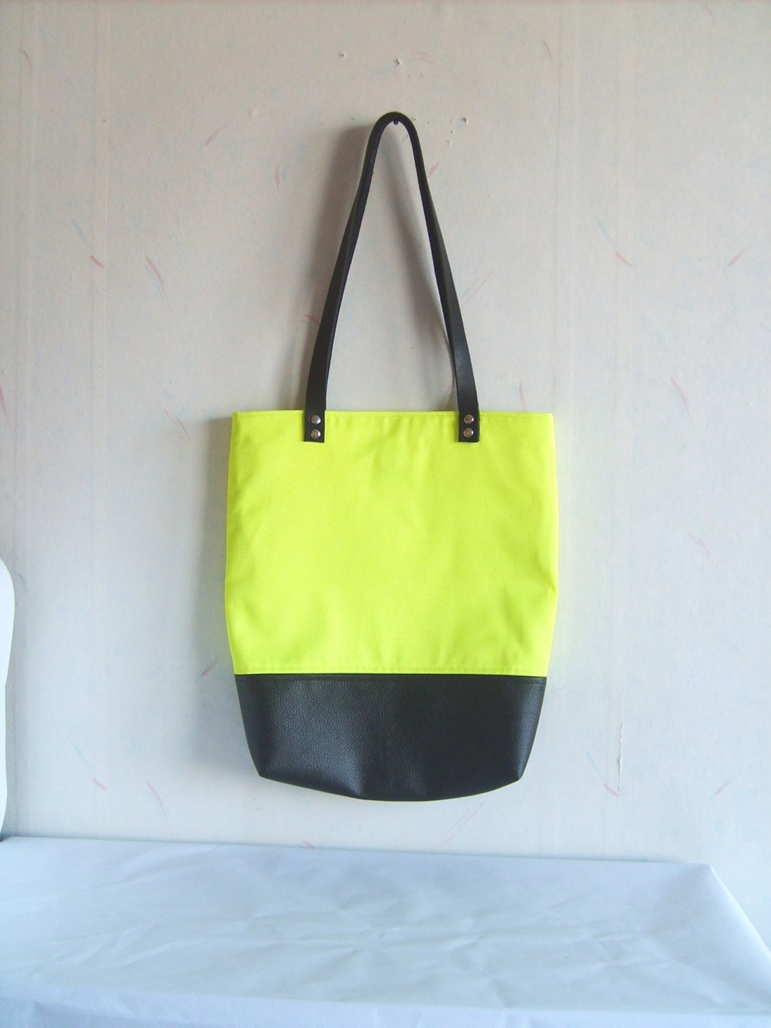 Neon Yellow Tote Bag, Real Leather Handles, Leather and Canvas Tote