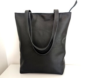 Real leather black zippered tote bag, Simple leather bag purse, Genuine leather shoulder bag, Top handle leather tote bag