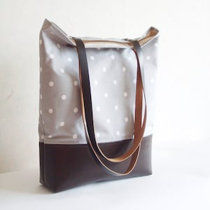 Polka dot tote bag, leather and canvas tote, grey tote bag, real leather handles, real leather strap image 2