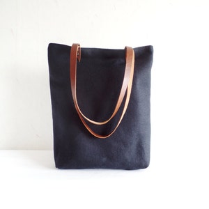 Natural linen tote bag, Black natural linen large tote bag with caramel brown real leather handles and cotton lining, Offie work bag