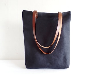 Natural linen tote bag, Black natural linen large tote bag with caramel brown real leather handles and cotton lining, Offie work bag