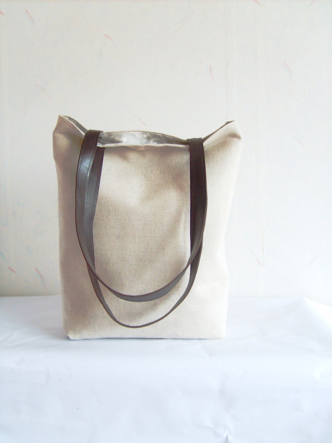 Linen Tote Bag, Large Tote Bag,simple Tote Bag , Real Leather Straps ...
