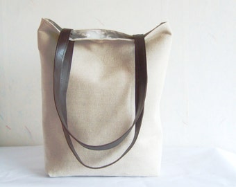 Linen Tote Bag: Large Everyday Bag with Leather Straps