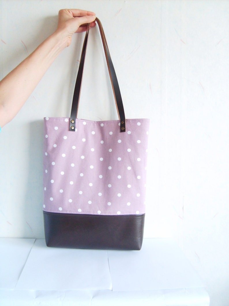 Leather and Cotton Tote Bag Pastel Orchid Polka Dot Tote - Etsy