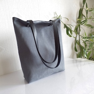 Natural linen tote bag, Charcoal gray natural linen large tote bag with black real leather handles and cotton lining, Offie work bag image 4