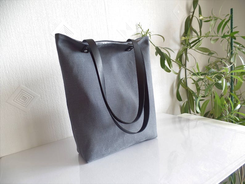 Natural linen tote bag, Charcoal gray natural linen large tote bag with black real leather handles and cotton lining, Offie work bag image 4