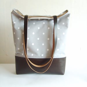 Polka dot tote bag, leather and canvas tote, grey tote bag, real leather handles, real leather strap image 5