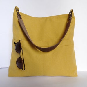 Mustard yellow hobo bag, Linen and cotton hobo purse, Everyday casual simple shoulder bag, Pocket bag, Mustard hobo tote, Real leather strap image 5