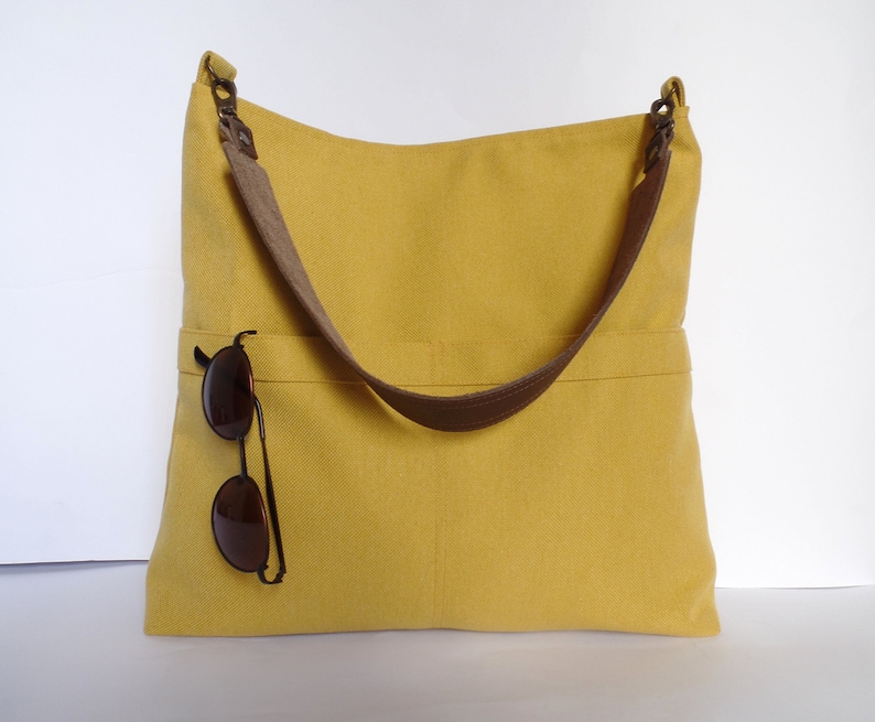 Mustard yellow hobo bag, Linen and cotton hobo purse, Everyday casual simple shoulder bag, Pocket bag, Mustard hobo tote, Real leather strap image 5