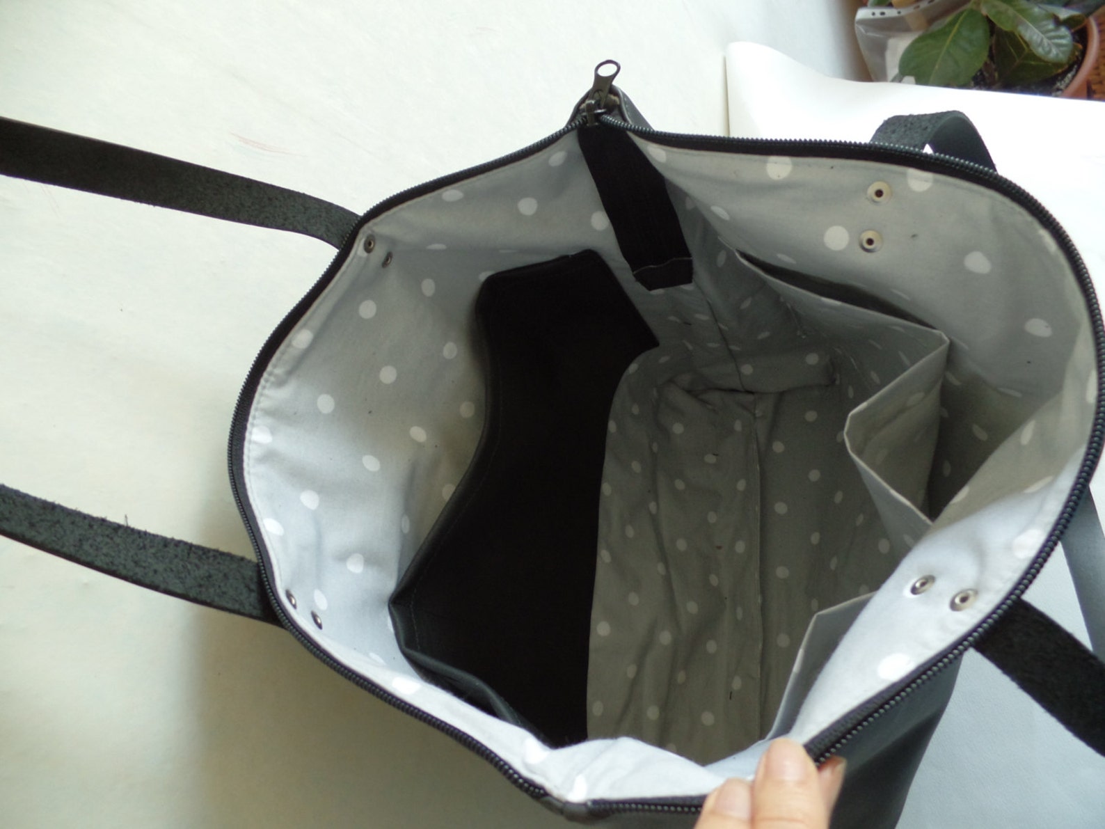 Large Vegan Leather Zipper Tote Bag Black Leather Tote Real Etsy