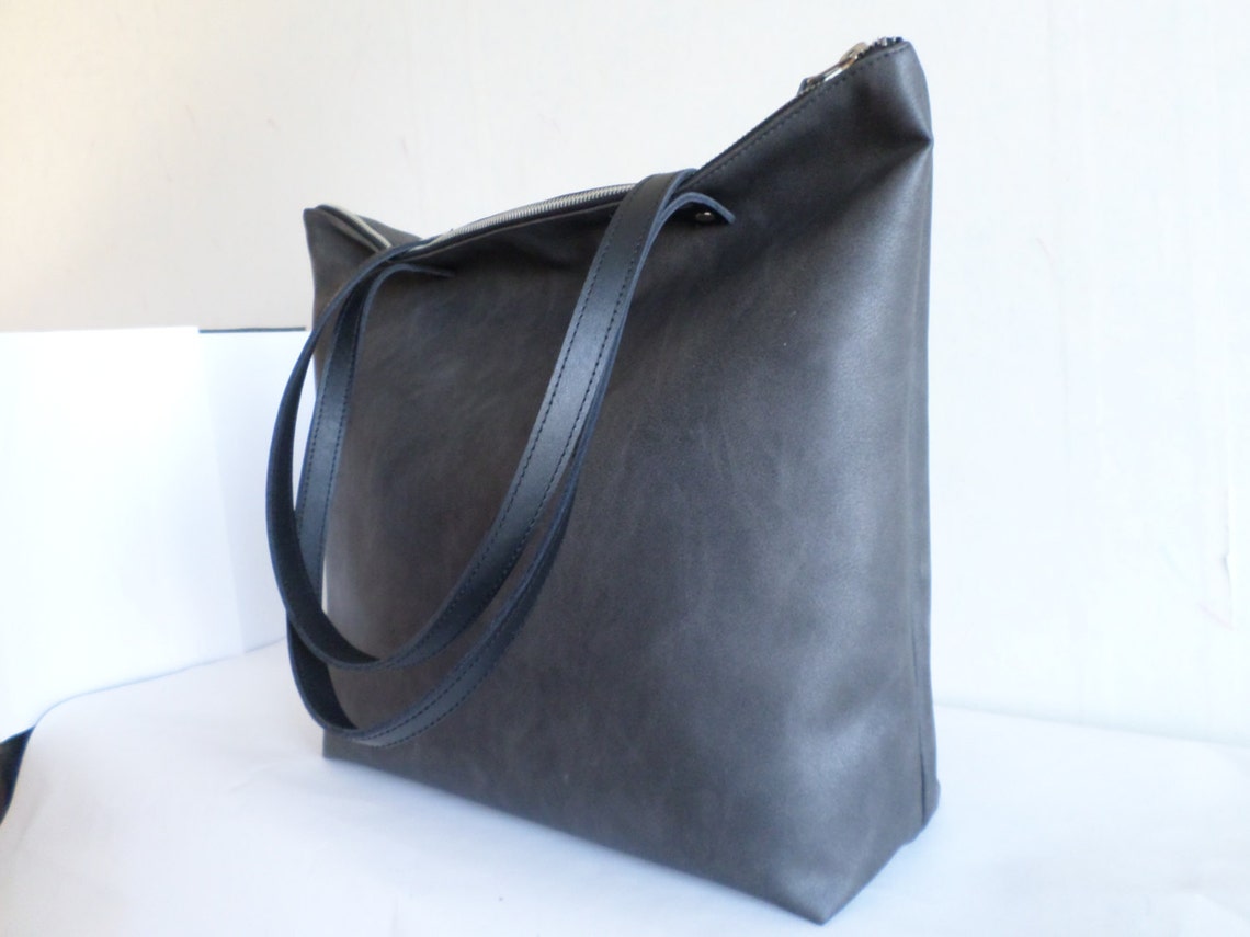 Large Vegan Leather Zipper Tote Bag Dark Gray Leather Tote | Etsy