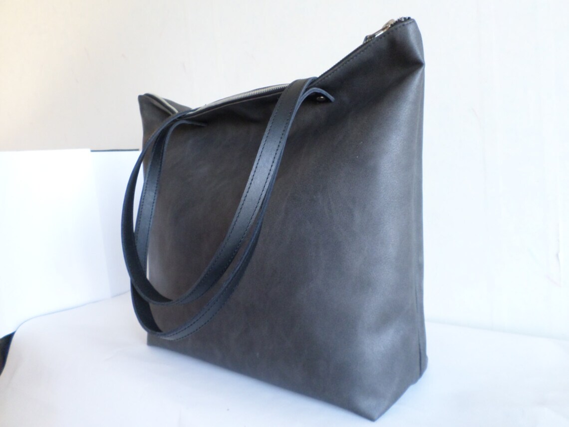 Large Vegan Leather Zipper Tote Bag Dark Gray Leather Tote Etsy