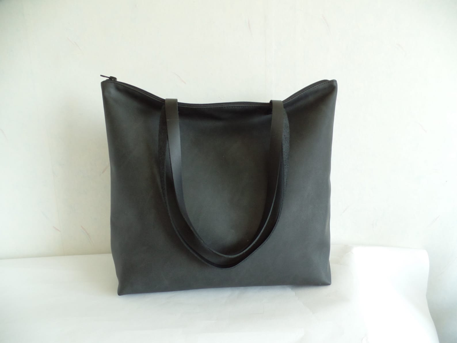 Large Vegan Leather Zipper Tote Bag Black Leather Tote Real Etsy