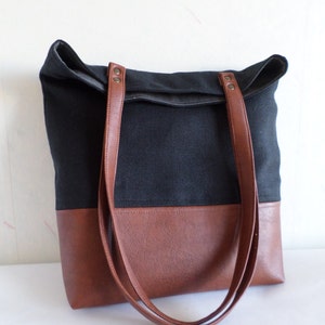 Cotton and leather tote bag, Large everyday casual tote bag, Canvas and vegan leather tote purse, Winter shoulder bag, Black and brown tote image 4