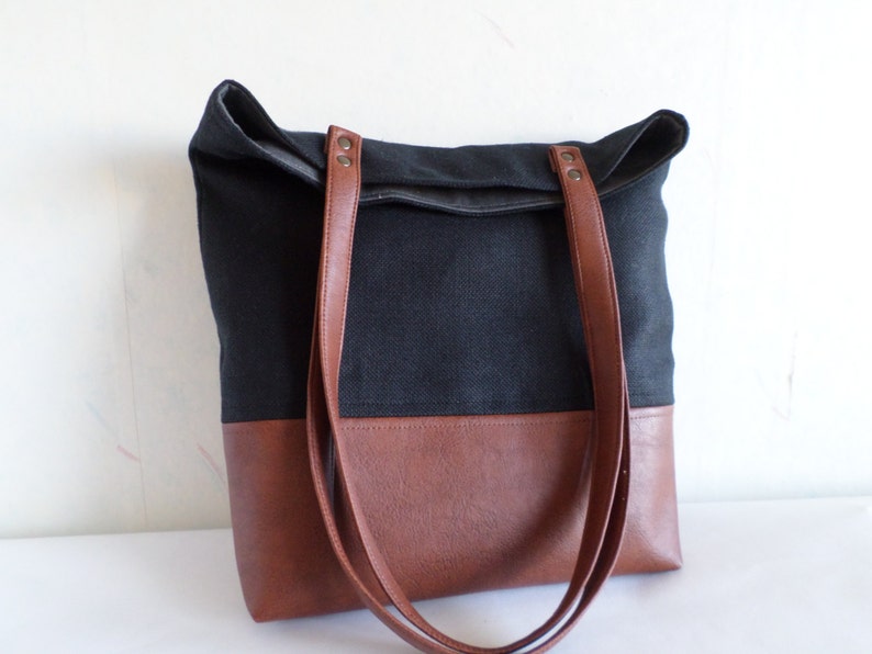 Cotton and leather tote bag, Large everyday casual tote bag, Canvas and vegan leather tote purse, Winter shoulder bag, Black and brown tote image 4