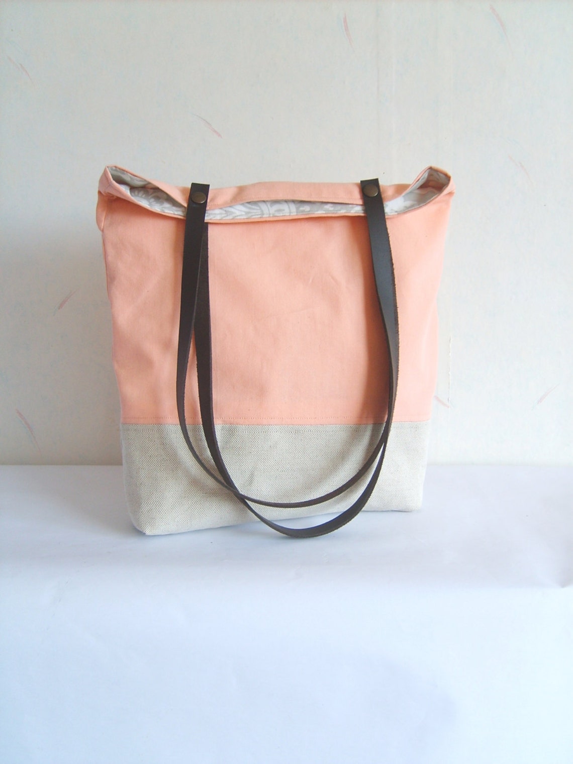 Peach Tote Salmon Pink Bag Leather Straps Colorblock Tote - Etsy DA2