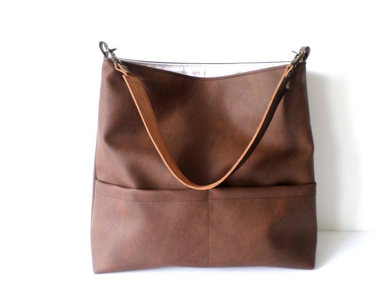 Vegan leather hobo bag with real leather handle Cognac bag Casual shoulder bucket bag Leather tote bag Honey brown bag Toffee brown bag