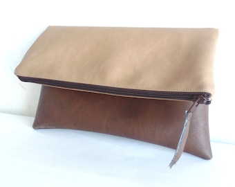 Leather clutch, Vegan leather colorblock clutch, Foldover clutch purse, Zippered clutch bag