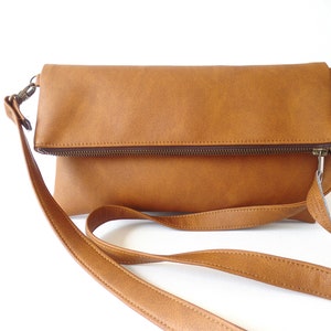 Sac à main pliable en cuir, sac à main en cuir marron cognac, sac à main en cuir végétalien, sac à bandoulière en cuir pour femme