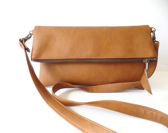 Vegan leather crossbody messenger bag with adjustable leather strap, Tan brown leather crossbody bag purse, Leather crossbody foldover bag