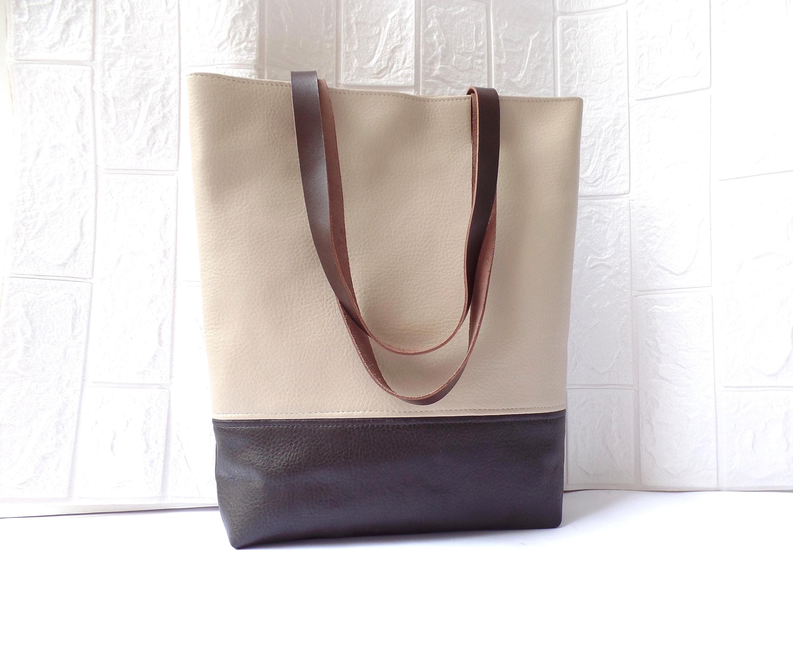 Brown and Taupe Beige Leather Tote Bag, Vegan Leather