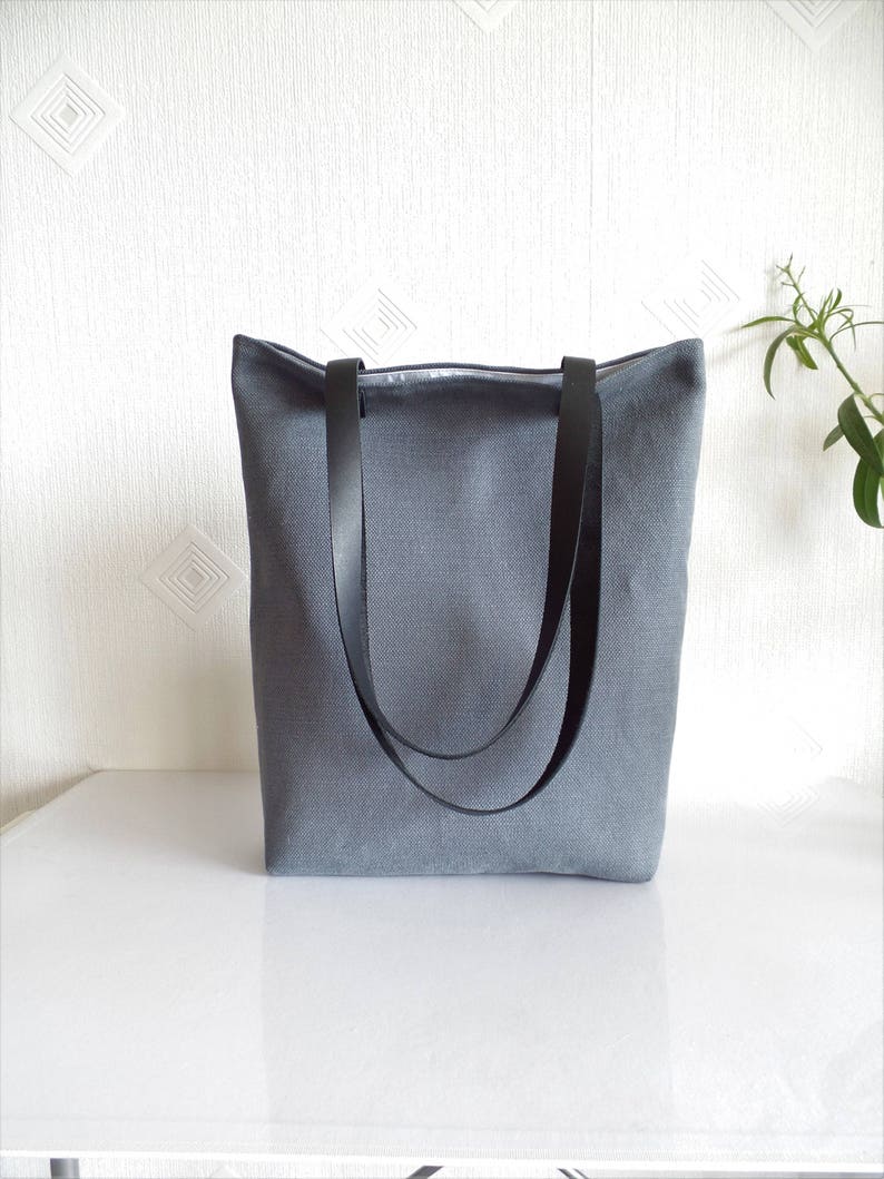 Natural linen tote bag, Charcoal gray natural linen large tote bag with black real leather handles and cotton lining, Offie work bag image 1