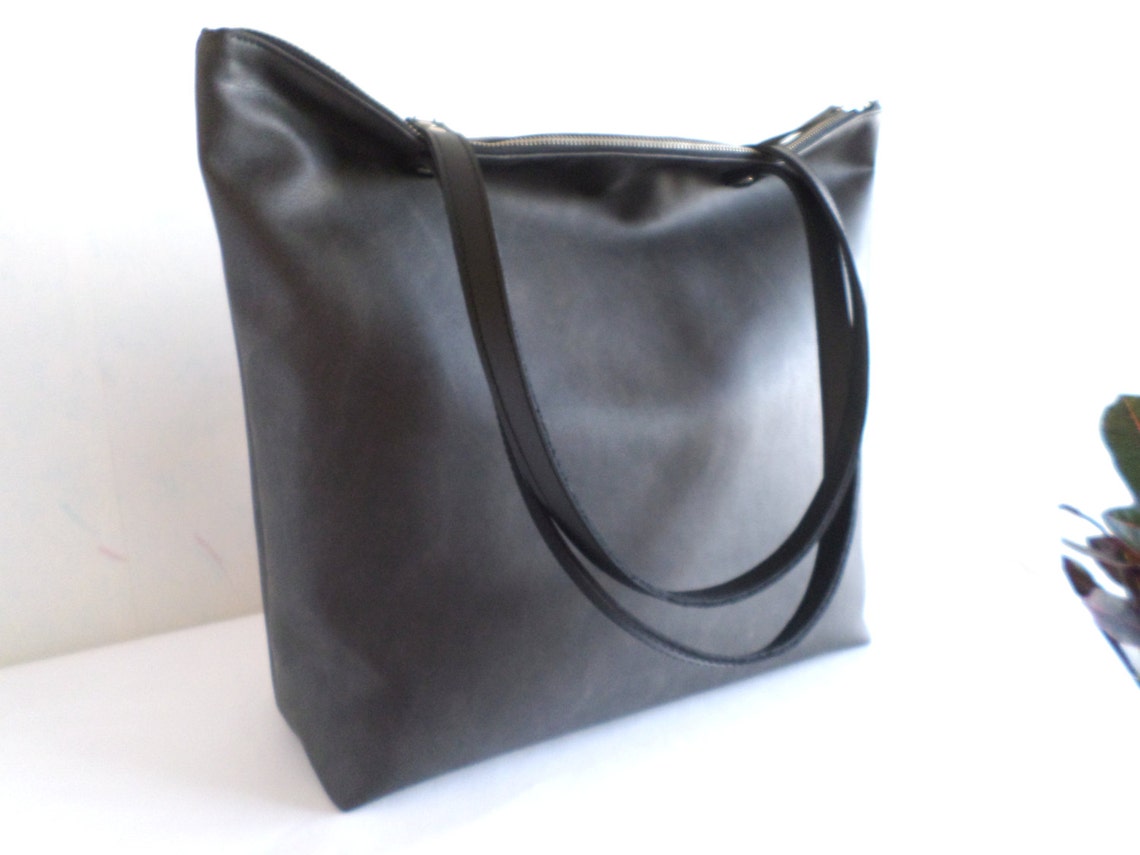 Large Vegan Leather Zipper Tote Bag Dark Gray Leather Tote Etsy