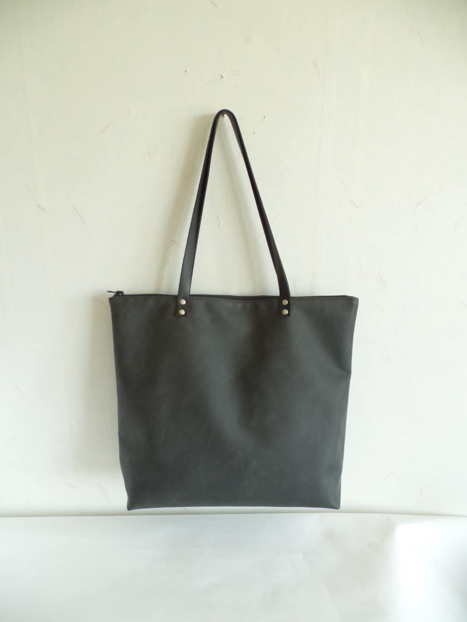 Large Vegan Leather Zipper Tote Bag Black Leather Tote Real Etsy