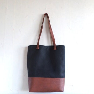 Cotton and leather tote bag, Large everyday casual tote bag, Canvas and vegan leather tote purse, Winter shoulder bag, Black and brown tote image 5