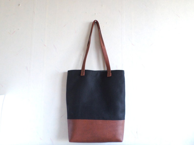 Cotton and leather tote bag, Large everyday casual tote bag, Canvas and vegan leather tote purse, Winter shoulder bag, Black and brown tote image 5