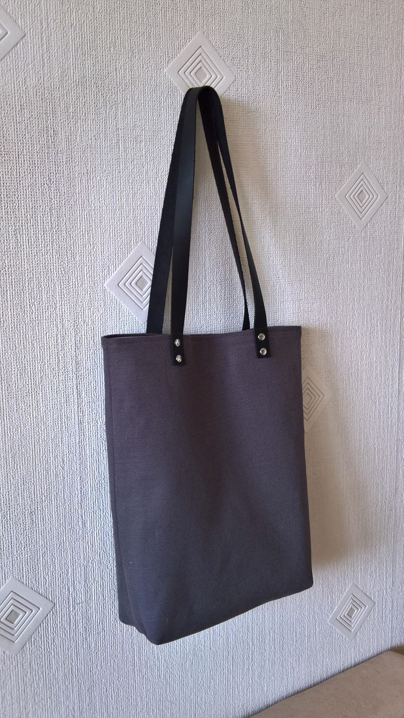 Natural linen tote bag, Charcoal gray natural linen large tote bag with black real leather handles and cotton lining, Offie work bag image 2