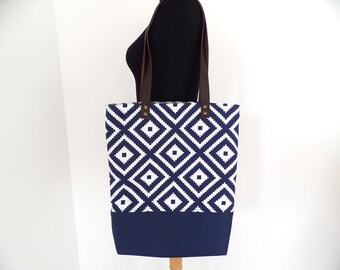 Geometric print tote bag, Blue geometric bag purse, Geometry pattern tote bag with real leather handles, Cobalt blue everyday casual tote