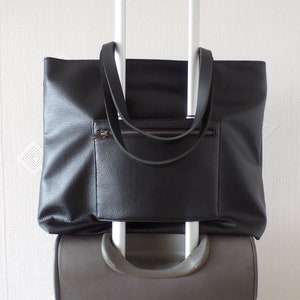 Vegan leather tote bag, Black leather tote, Luggage handbag with a trolley sleeve, Travel duffle bag with trolley sleeve
