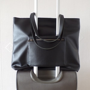 Vegan leather tote bag, Black leather tote, Luggage handbag with a trolley sleeve, Travel duffle bag with trolley sleeve