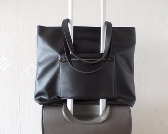 Vegan leather tote bag, Black leather tote, Luggage handbag with a trolley sleeve, Travel duffle bag with trolley sleeve