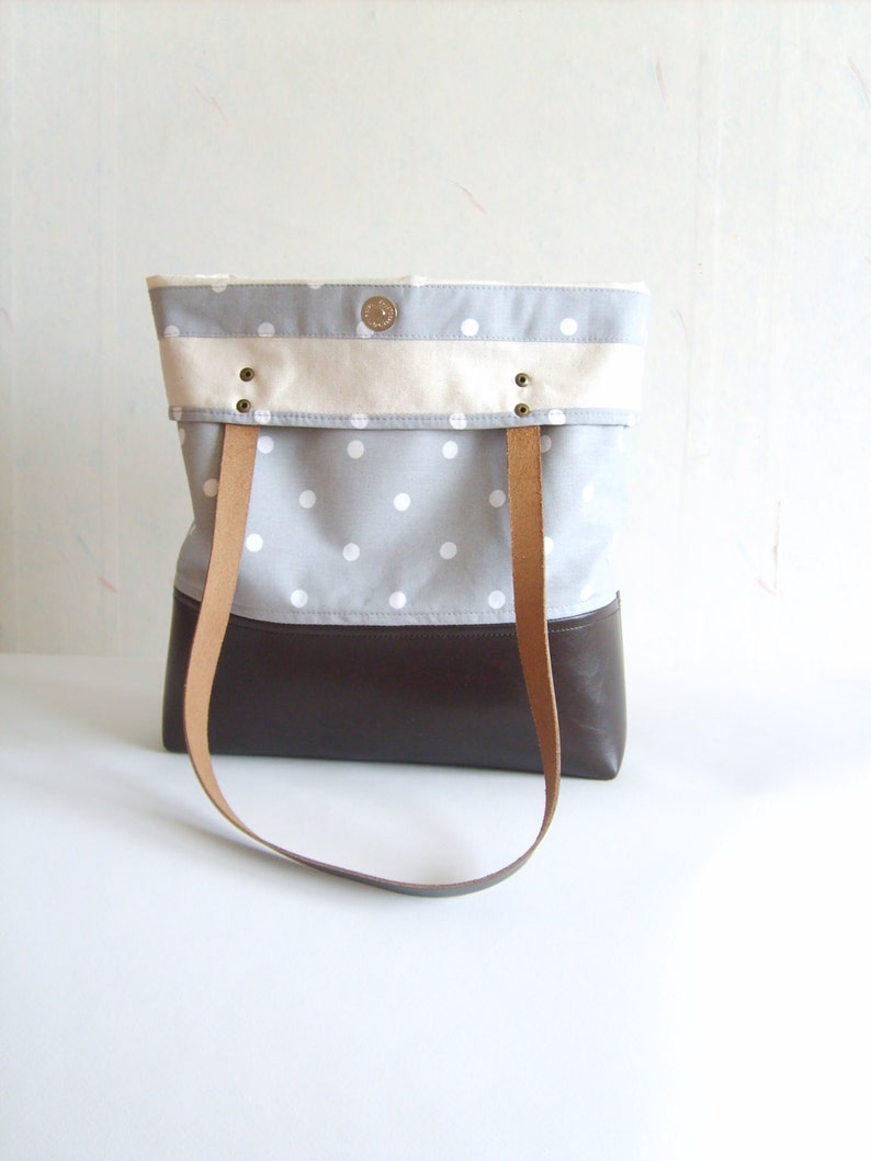 Polka dot tote bag, leather and canvas tote, grey tote bag, real leather handles, real leather strap image 4