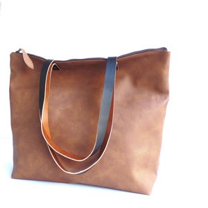 Cognac Brown Vegan Leather Tote Bag: Oversized Carryall with Zipper image 6