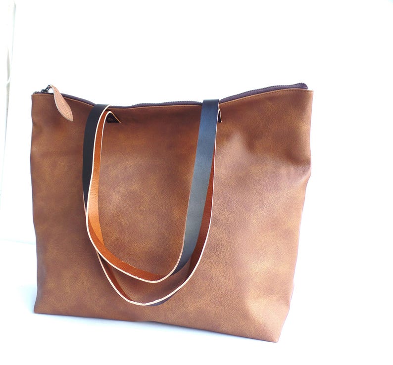 Cognac Brown Vegan Leather Tote Bag: Oversized Carryall with Zipper image 6
