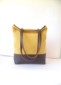 Color Block Cotton Tote Bag: Mustard Yellow & Charcoal Gray, Leather Handles product logo