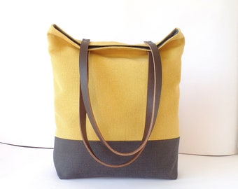 Leather and canvas tote bag, Mustard yellow shoulder bag, Charcoal gray bag purse, Real leather handles. office work bag, laptop bag