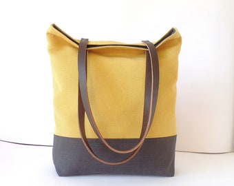 Sac fourre-tout en cuir et toile, sac à bandoulière jaune moutarde, sac à main gris anthracite, poignées en cuir véritable. sac de travail de bureau, sac pour ordinateur portable