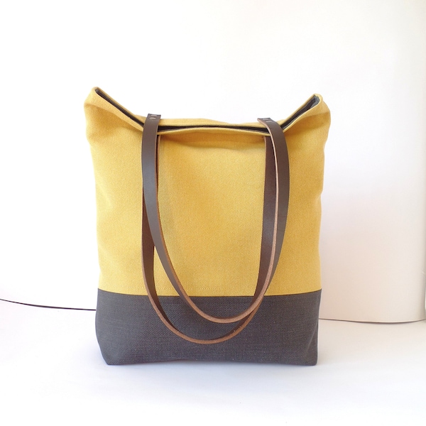 Borsa tote in pelle e tela, borsa a tracolla giallo senape, borsa grigio antracite, manici in vera pelle. borsa da lavoro per ufficio, borsa per laptop