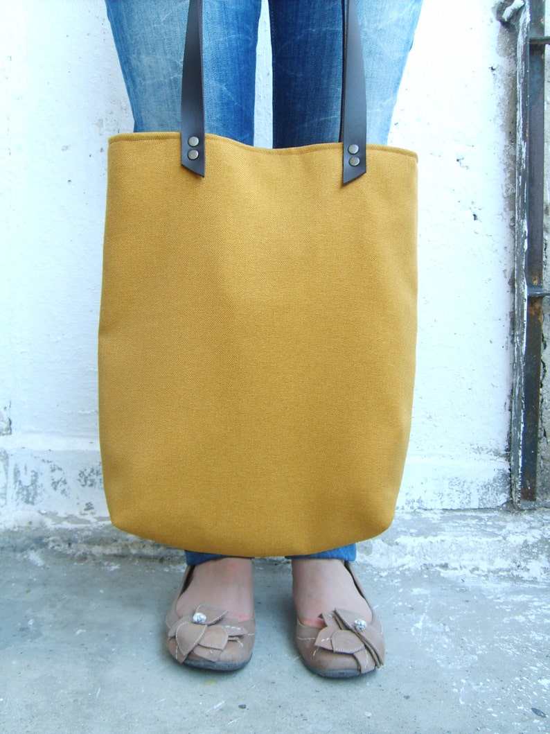 Mustard yellow bag, mustard yellow tote, leather straps, fall shoulder bag, autumn tote image 5