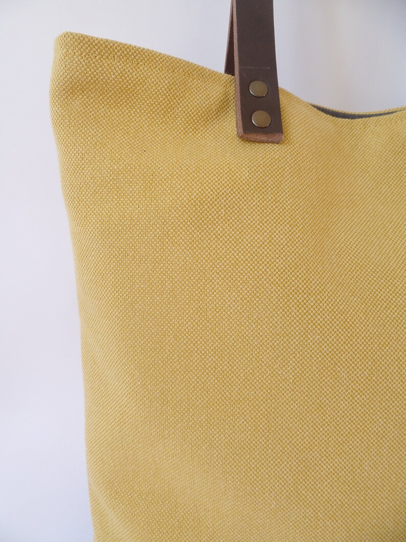 Leather and Canvas Tote Bag Mustard Yellow Shoulder Bag Etsy UK