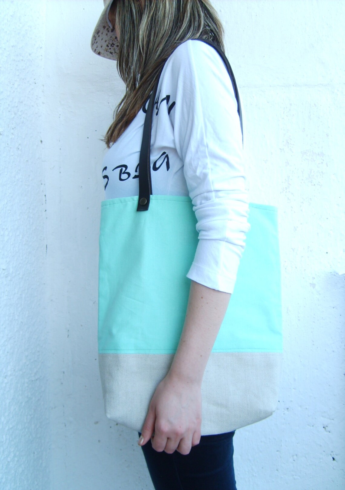 Mint Tote With Leather Straps Summer Mint Green Bag Etsy
